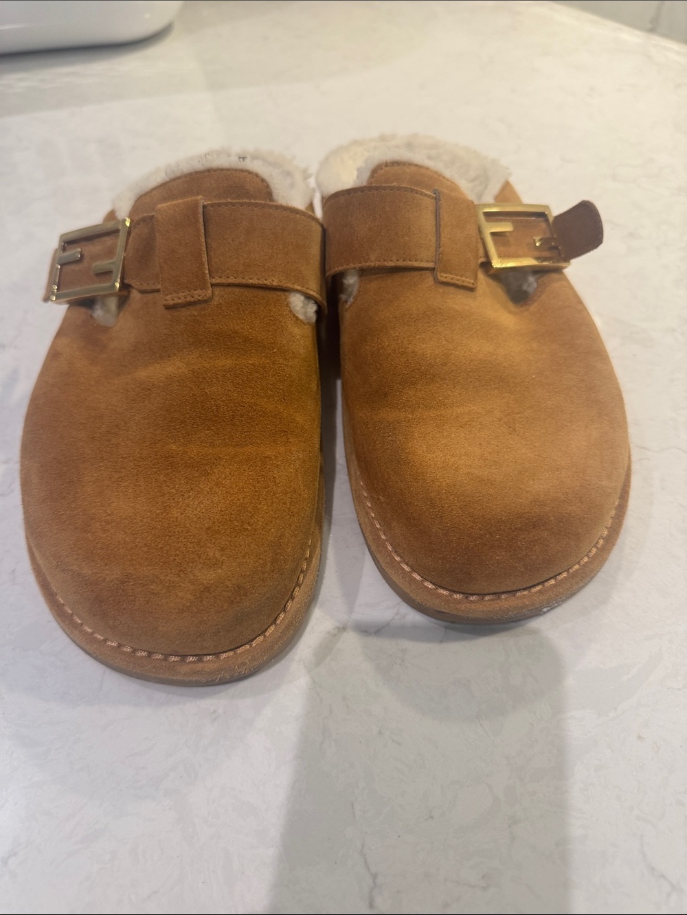 Fendi Chestnut Suede Shearling Mule with Gold Buckle - Picture 5 of 5